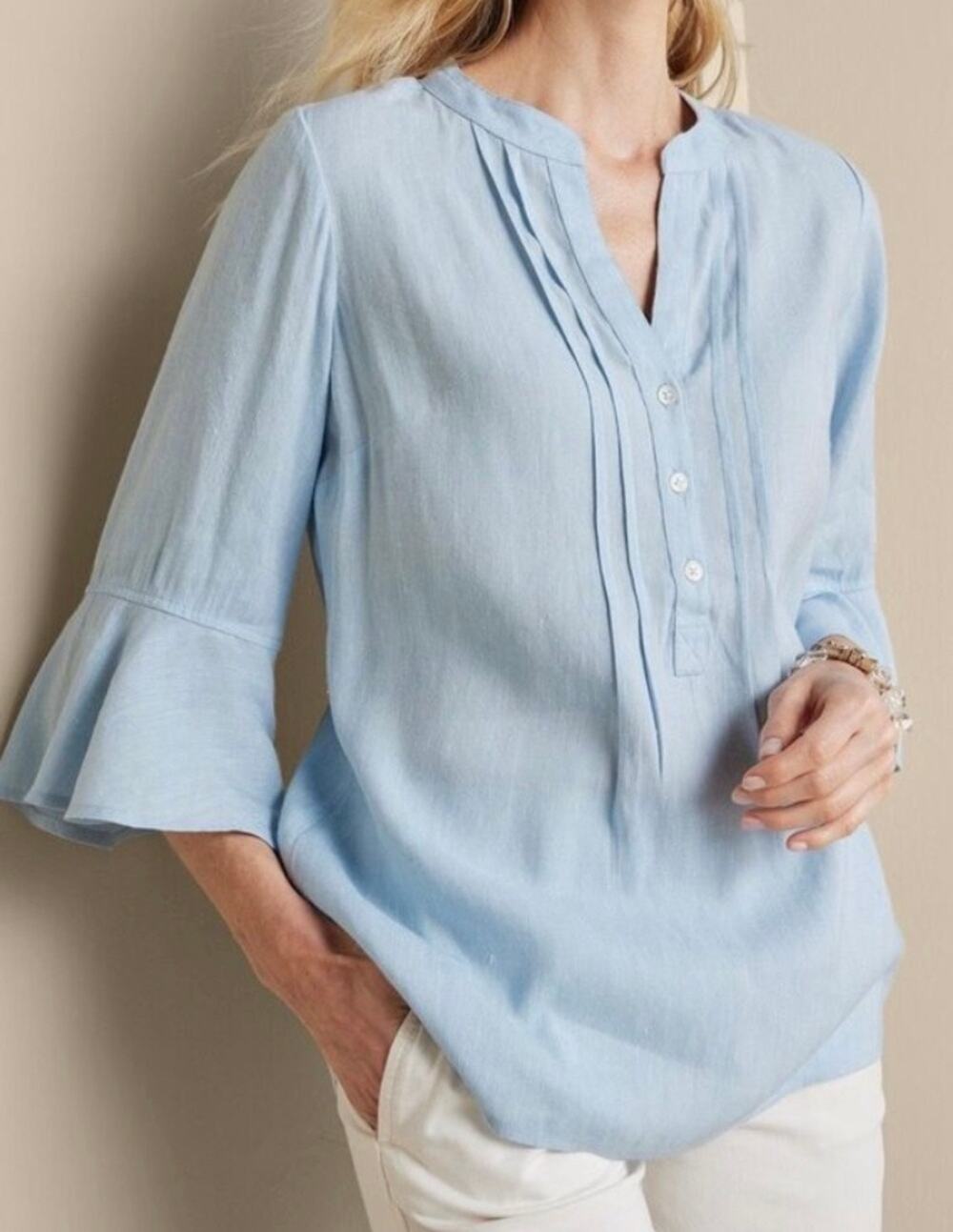 Soft Surroundings | Raisa Blue Linen Pintuck Top Medium Bell Sleeve Henley